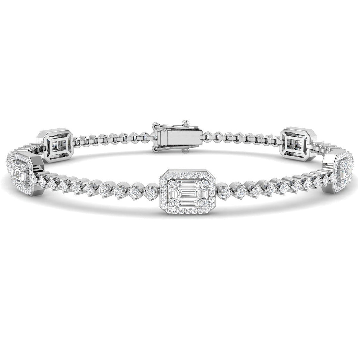 Baguette & Round Diamond Halo Bracelet in 10K/14K gold and platinum with certified lab-grown or natural diamonds