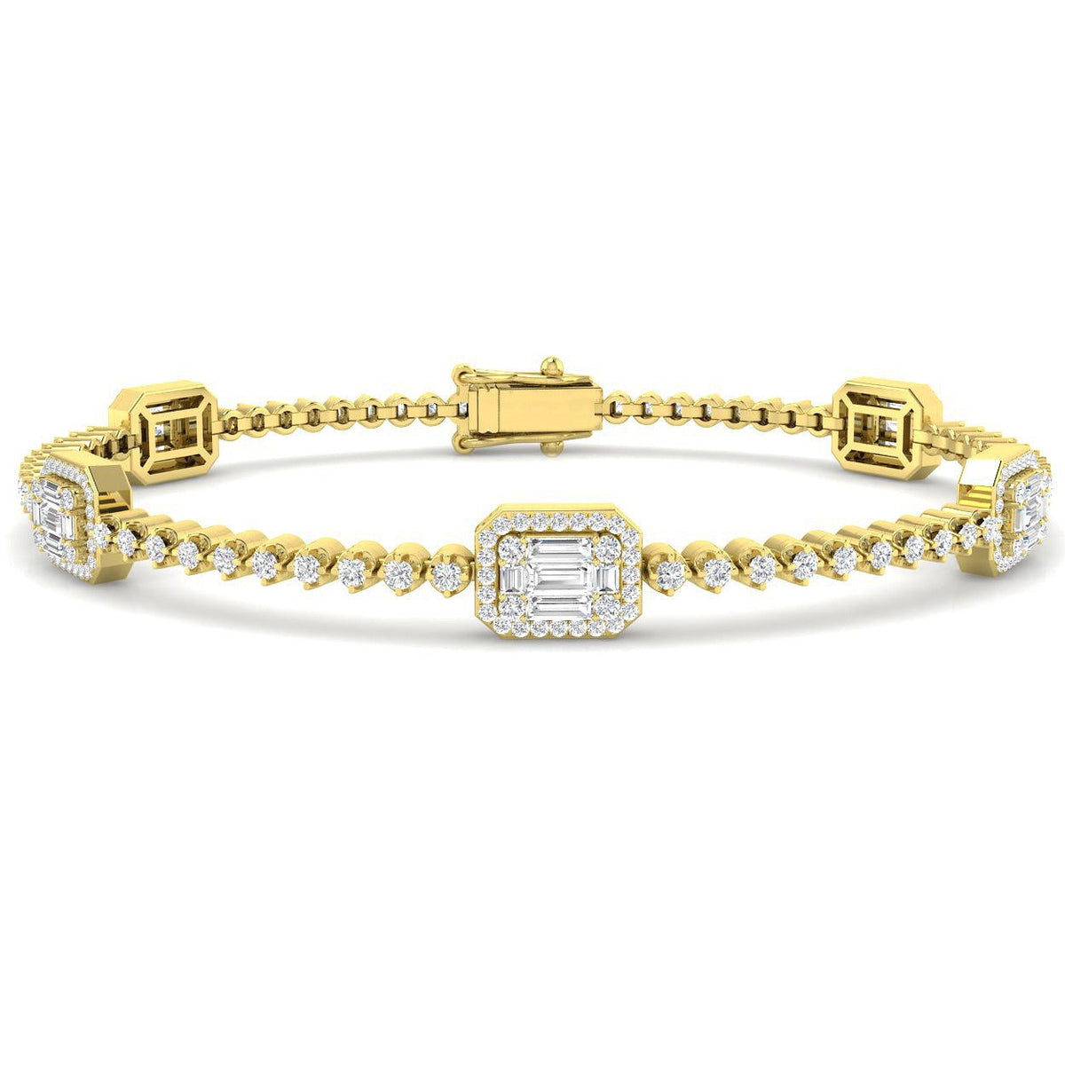 Baguette & Round Diamond Halo Bracelet in 10K/14K gold and platinum with certified lab-grown or natural diamonds