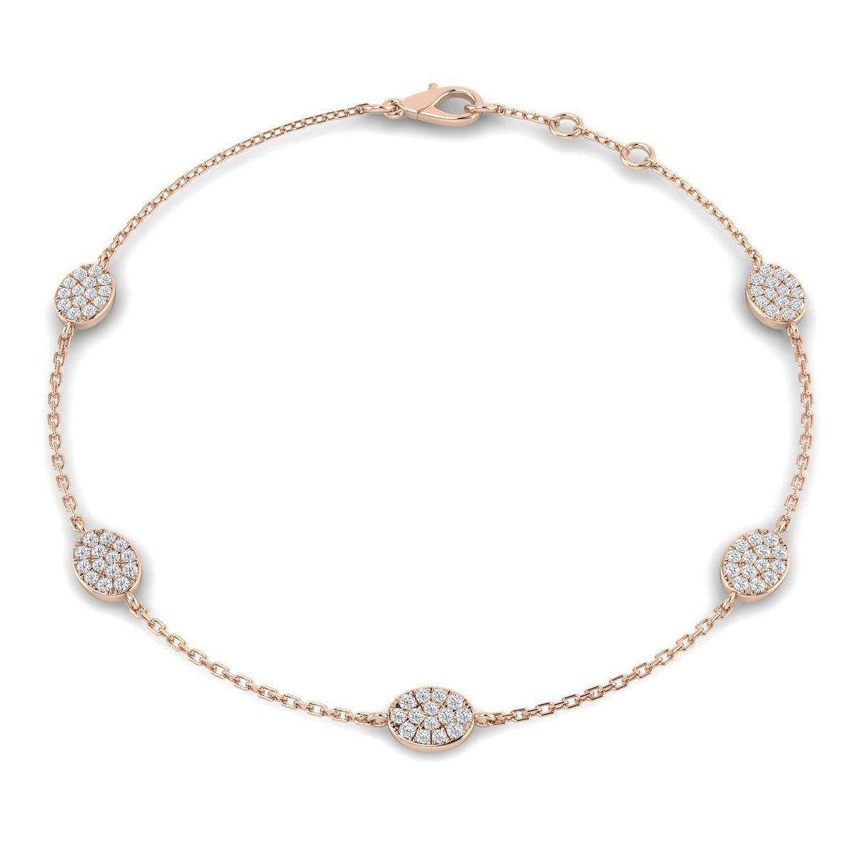 Natural Round Pave Diamond Oval Shape Station Bracelet with Lobster Claw in 10K/14K gold and platinum with certified lab-grown or natural diamonds