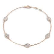 Natural Round Pave Diamond Oval Shape Station Bracelet with Lobster Claw in 10K/14K gold and platinum with certified lab-grown or natural diamonds