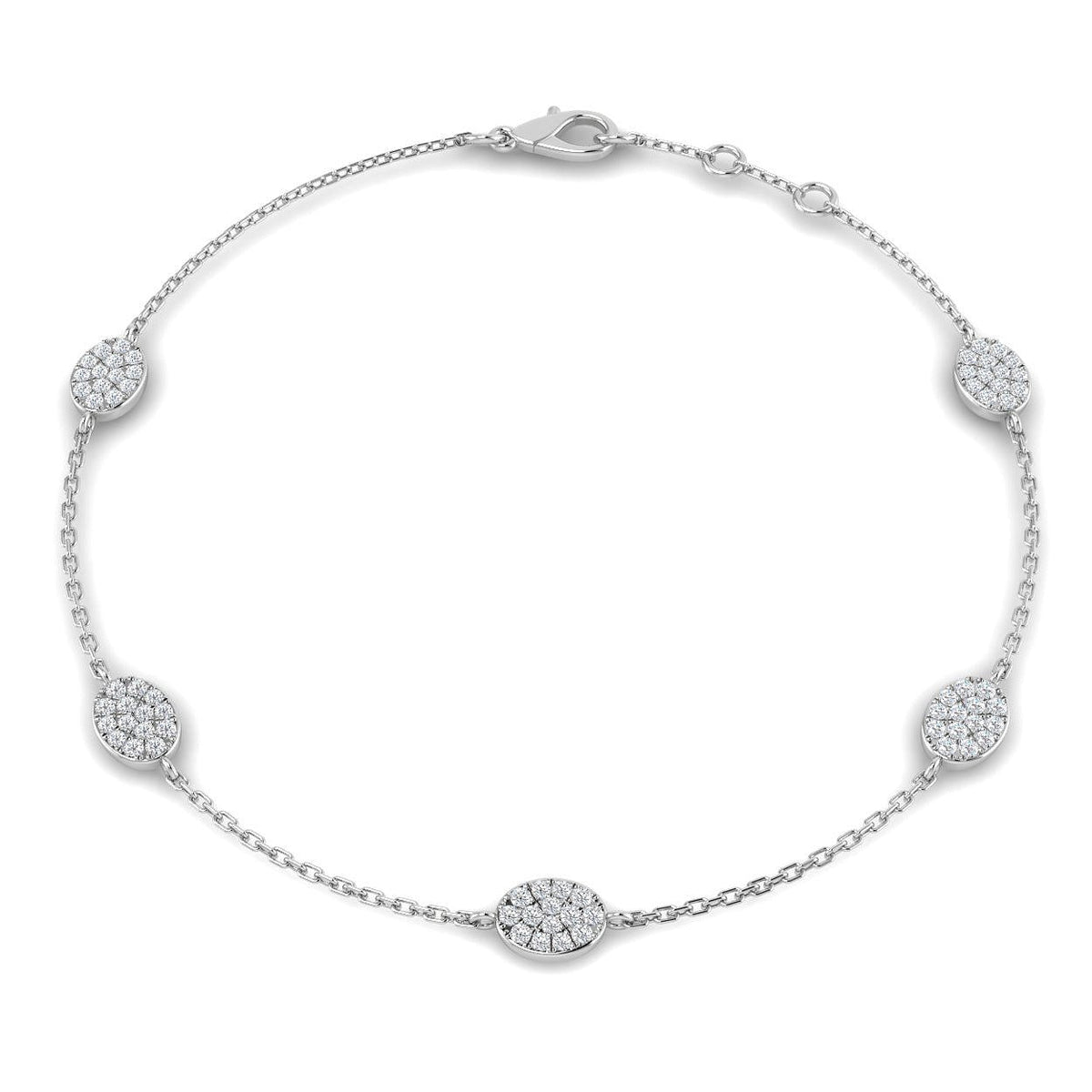 Natural Round Pave Diamond Oval Shape Station Bracelet with Lobster Claw in 10K/14K gold and platinum with certified lab-grown or natural diamonds