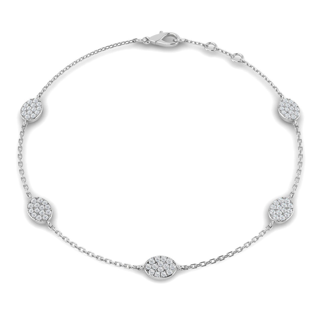 Natural Round Pave Diamond Oval Shape Station Bracelet with Lobster Claw in 10K/14K gold and platinum with certified lab-grown or natural diamonds