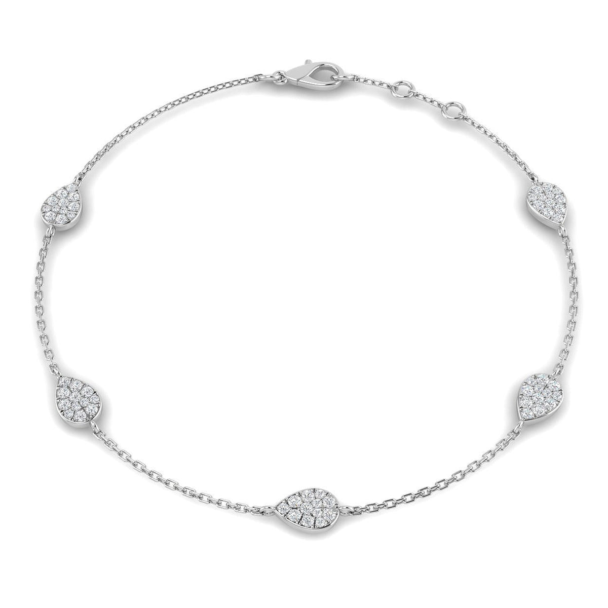 Natural Round Pave Diamond Pear Shape Station Bracelet with Lobster Claw in 10K/14K gold and platinum with certified lab-grown or natural diamonds