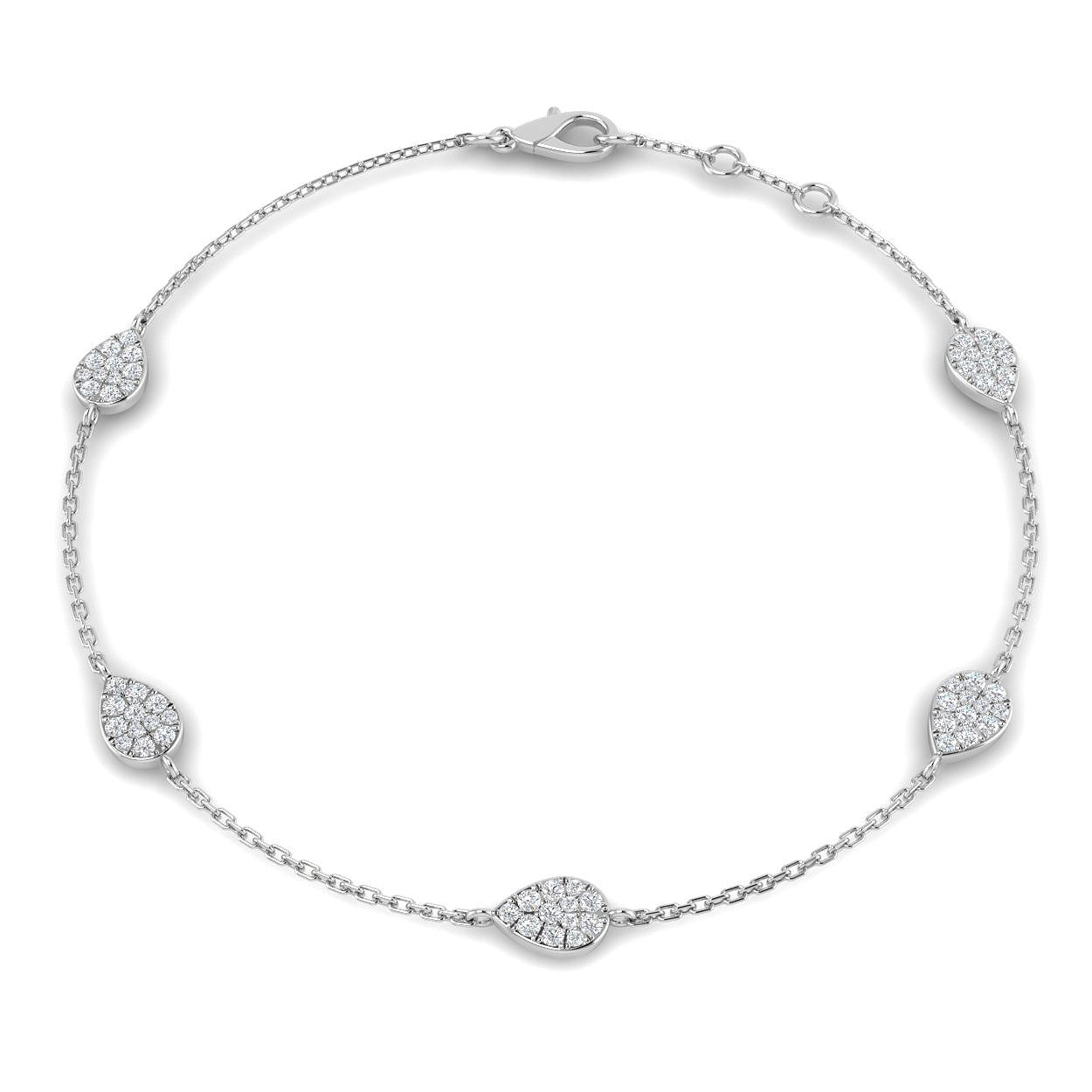 Natural Round Pave Diamond Pear Shape Station Bracelet with Lobster Claw in 10K/14K gold and platinum with certified lab-grown or natural diamonds