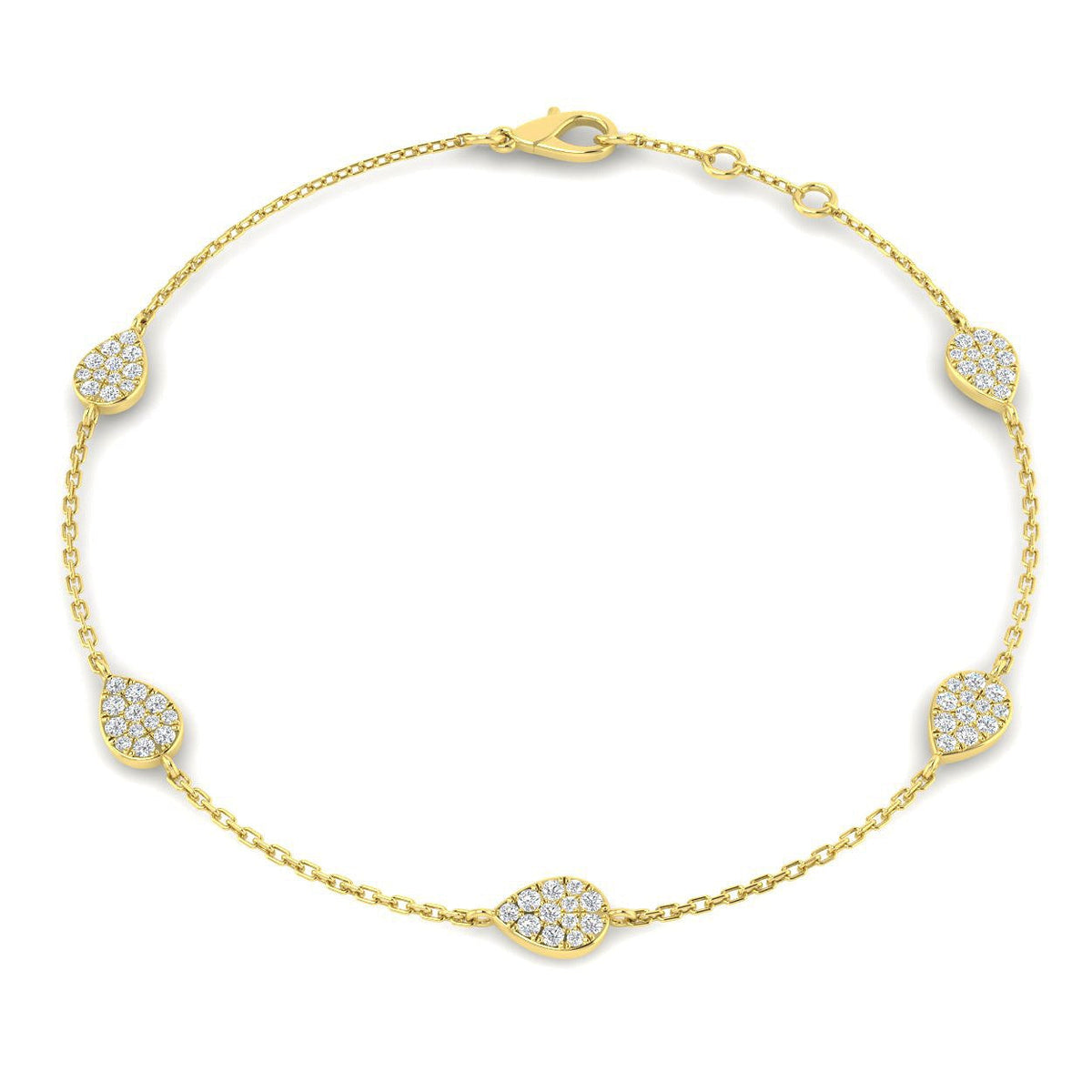 Natural Round Pave Diamond Pear Shape Station Bracelet with Lobster Claw in 10K/14K gold and platinum with certified lab-grown or natural diamonds