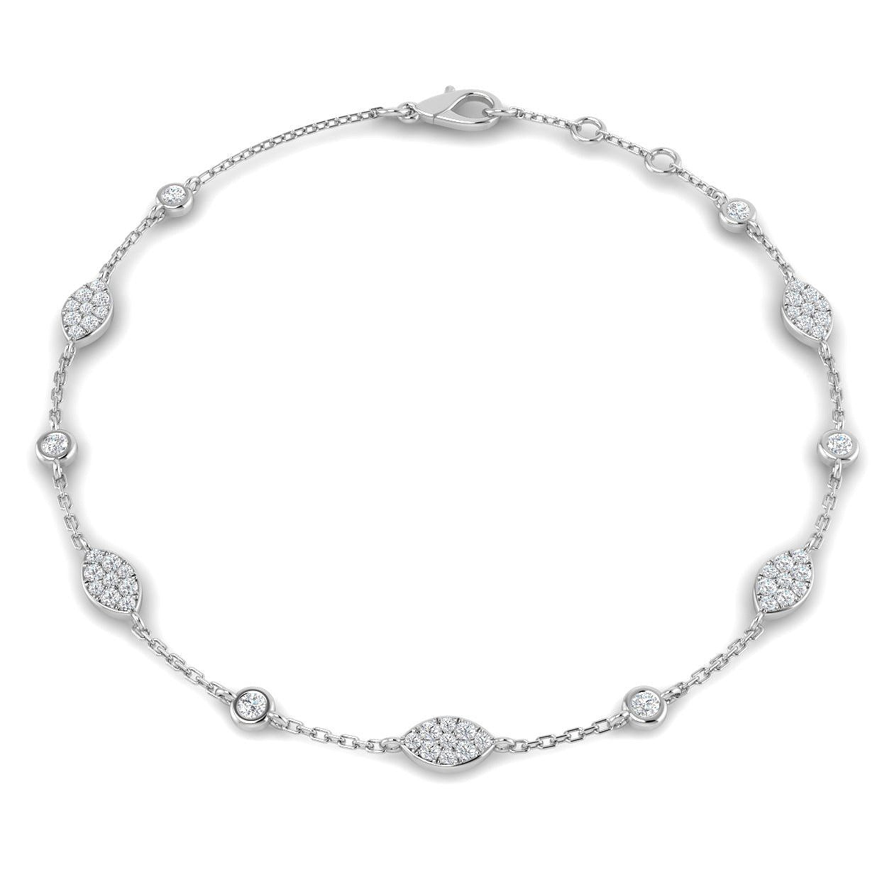 Round Lab Grown Diamond Pave Set Marquise Shape Station Bracelet with Bezel Set in 10K/14K gold and platinum with certified lab-grown or natural diamonds