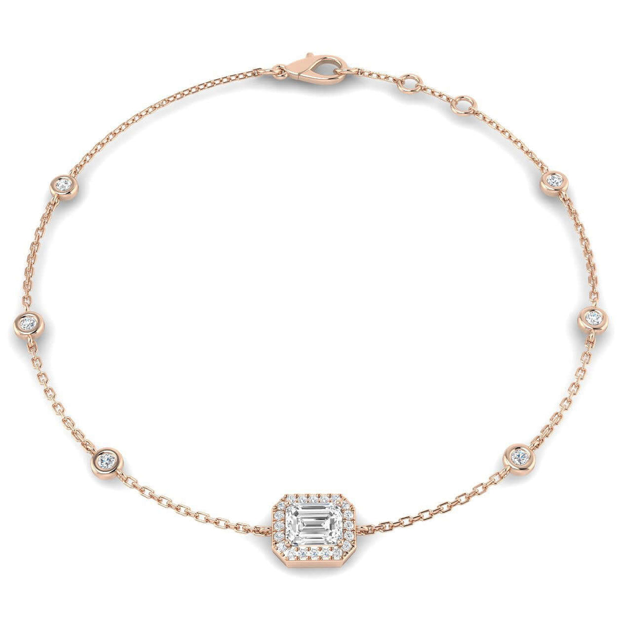 Natural Emerald Cut Diamond Halo Station Bracelet with Adjustable Chain in 10K/14K gold and platinum with certified lab-grown or natural diamonds