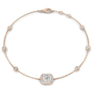 Natural Emerald Cut Diamond Halo Station Bracelet with Adjustable Chain in 10K/14K gold and platinum with certified lab-grown or natural diamonds