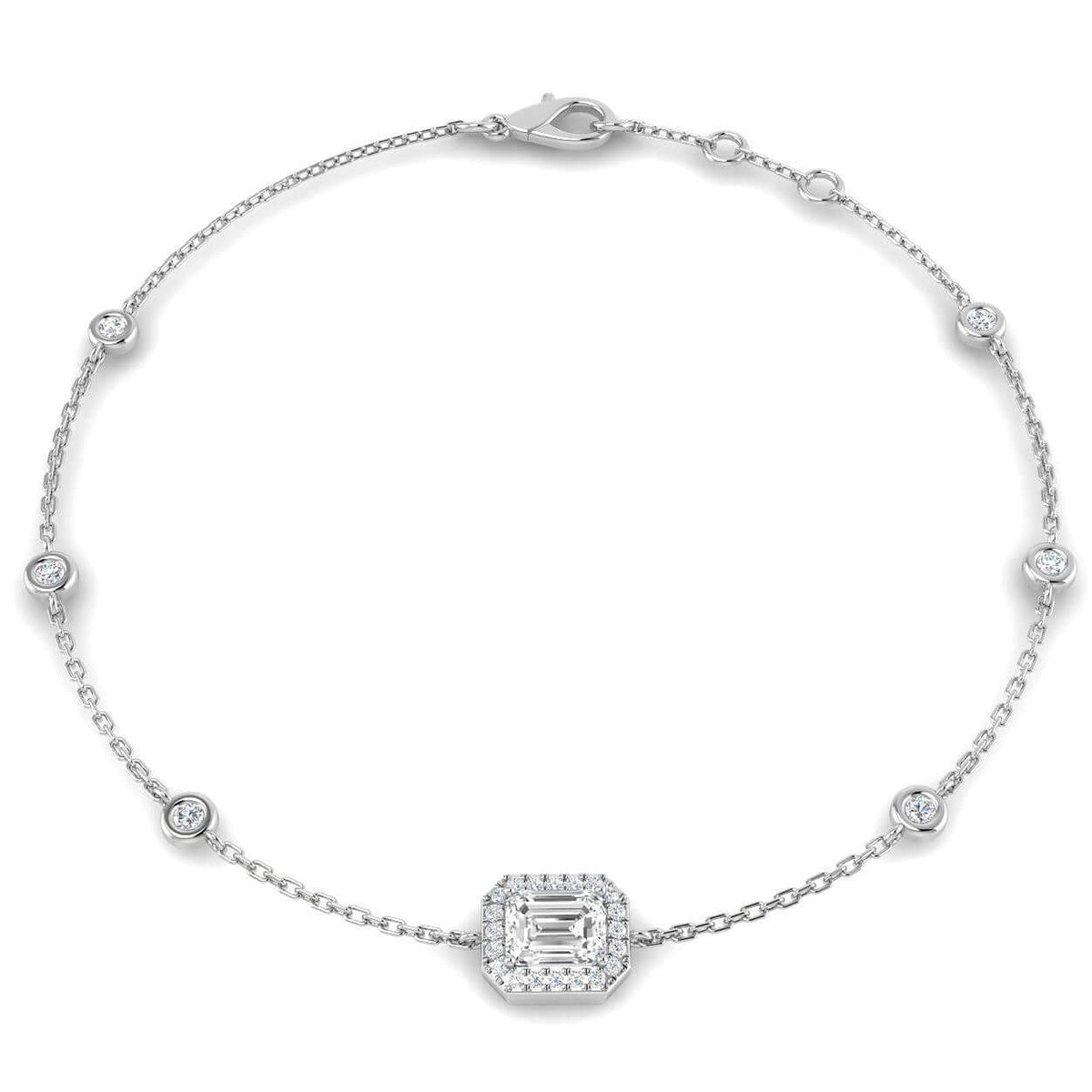 Natural Emerald Cut Diamond Halo Station Bracelet with Adjustable Chain in 10K/14K gold and platinum with certified lab-grown or natural diamonds
