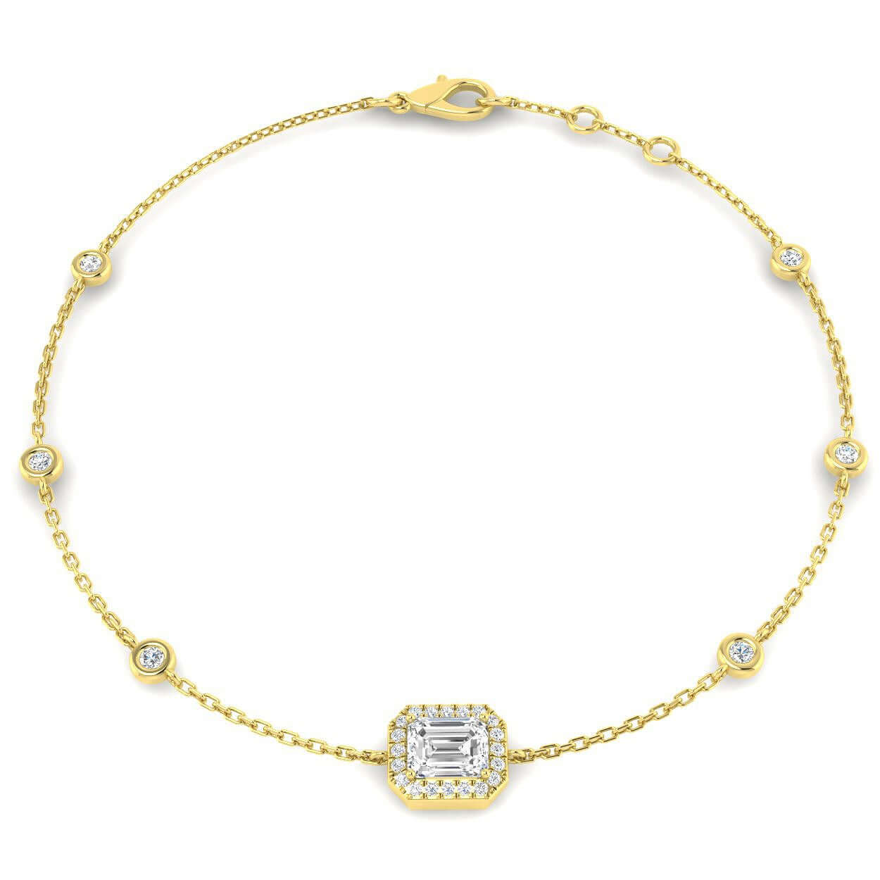 Natural Emerald Cut Diamond Halo Station Bracelet with Adjustable Chain in 10K/14K gold and platinum with certified lab-grown or natural diamonds