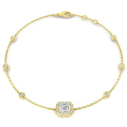 Natural Emerald Cut Diamond Halo Station Bracelet with Adjustable Chain in 10K/14K gold and platinum with certified lab-grown or natural diamonds
