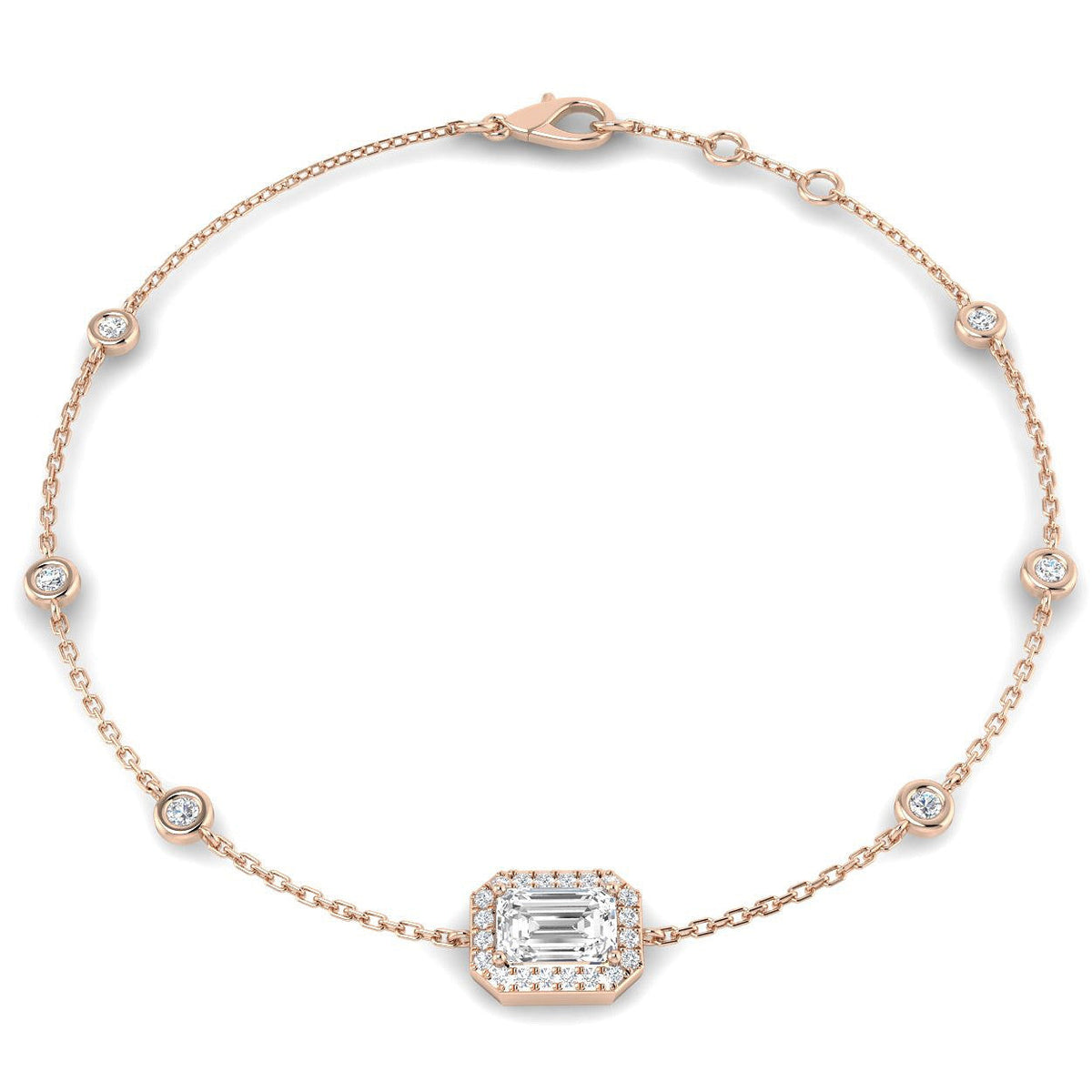 Natural Emerald Cut Diamond Halo Station Bracelet with Adjustable Chain in 10K/14K gold and platinum with certified lab-grown or natural diamonds