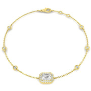 Natural Emerald Cut Diamond Halo Station Bracelet with Adjustable Chain in 10K/14K gold and platinum with certified lab-grown or natural diamonds