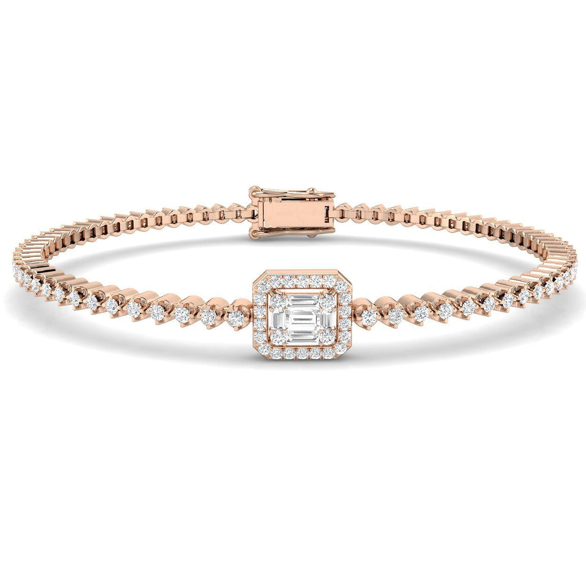 Baguette & Round Diamond Halo Bracelet in Gold or in 10K/14K gold and platinum with certified lab-grown or natural diamonds