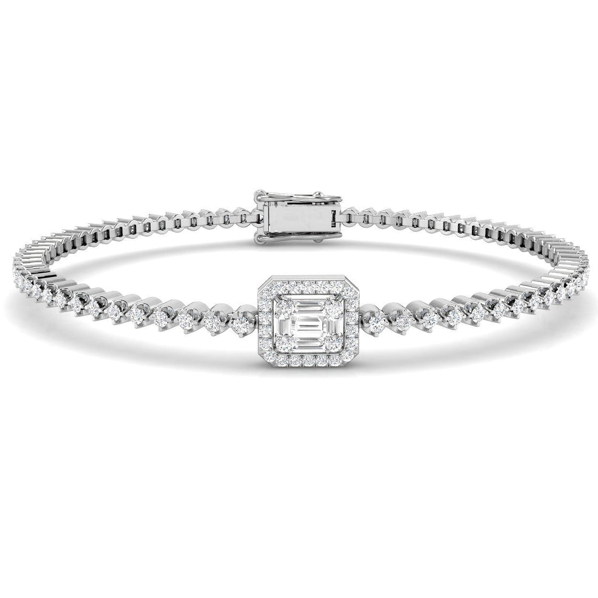 Baguette & Round Diamond Halo Bracelet in Gold or in 10K/14K gold and platinum with certified lab-grown or natural diamonds