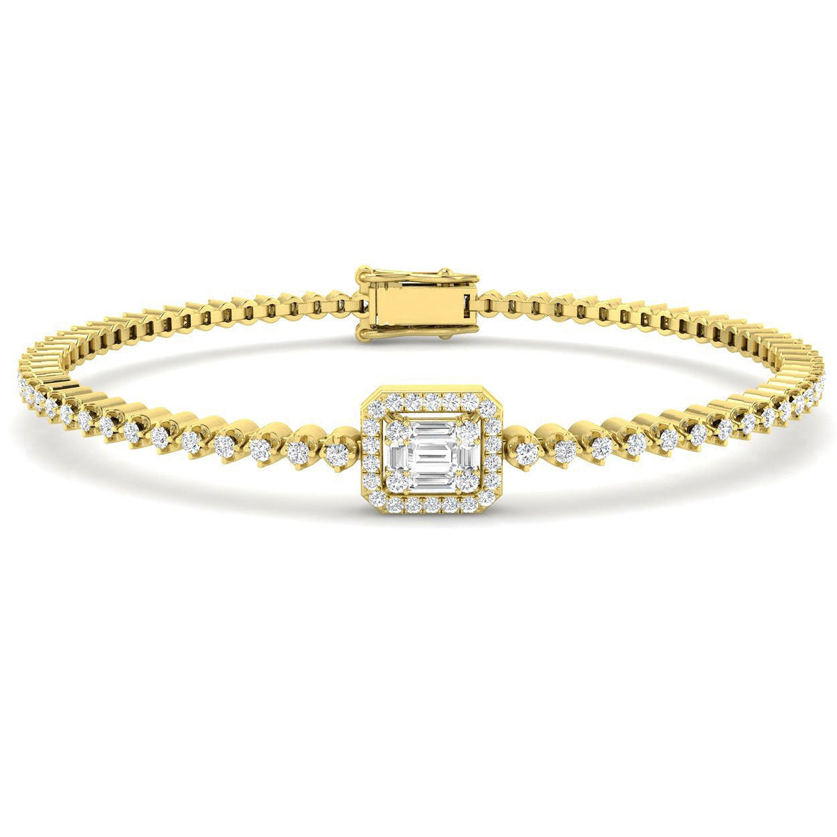 Baguette & Round Diamond Halo Bracelet in Gold or in 10K/14K gold and platinum with certified lab-grown or natural diamonds