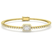 Baguette & Round Diamond Halo Bracelet in Gold or in 10K/14K gold and platinum with certified lab-grown or natural diamonds