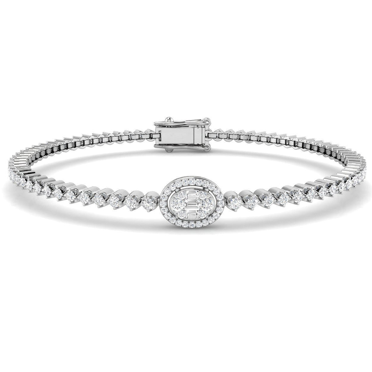 Baguette & Round Diamond Halo Bracelet in 10K/14K gold and platinum with certified lab-grown or natural diamonds