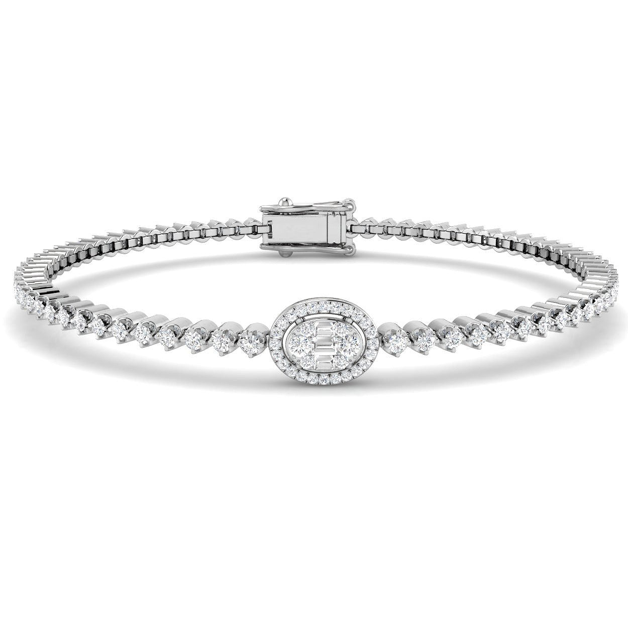 Baguette & Round Diamond Halo Bracelet in 10K/14K gold and platinum with certified lab-grown or natural diamonds