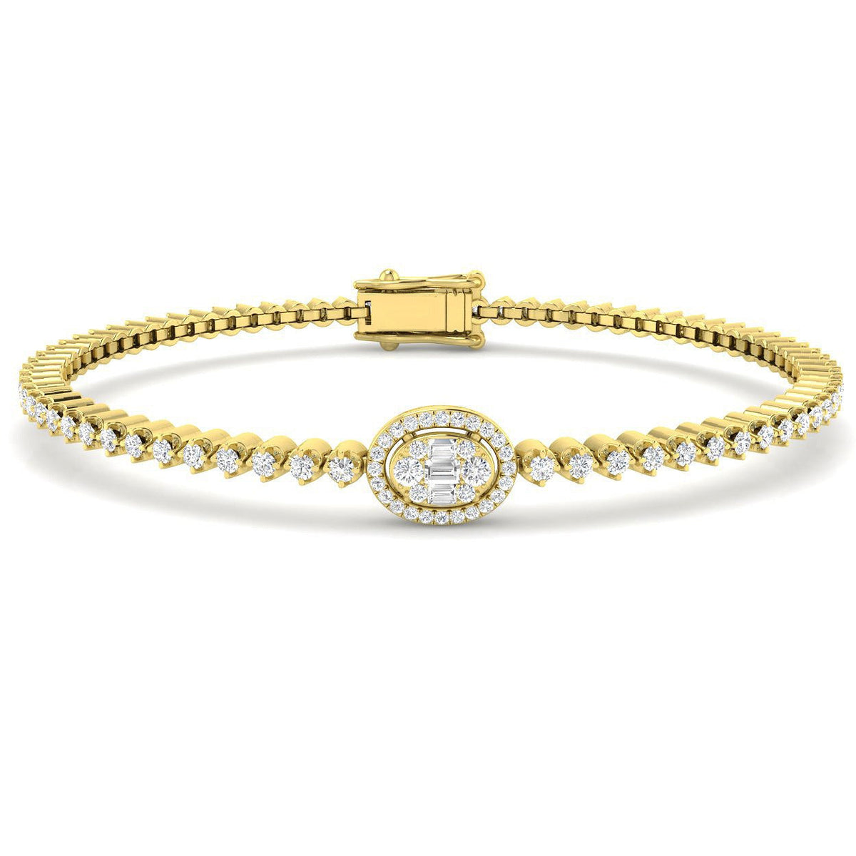 Baguette & Round Diamond Halo Bracelet in 10K/14K gold and platinum with certified lab-grown or natural diamonds