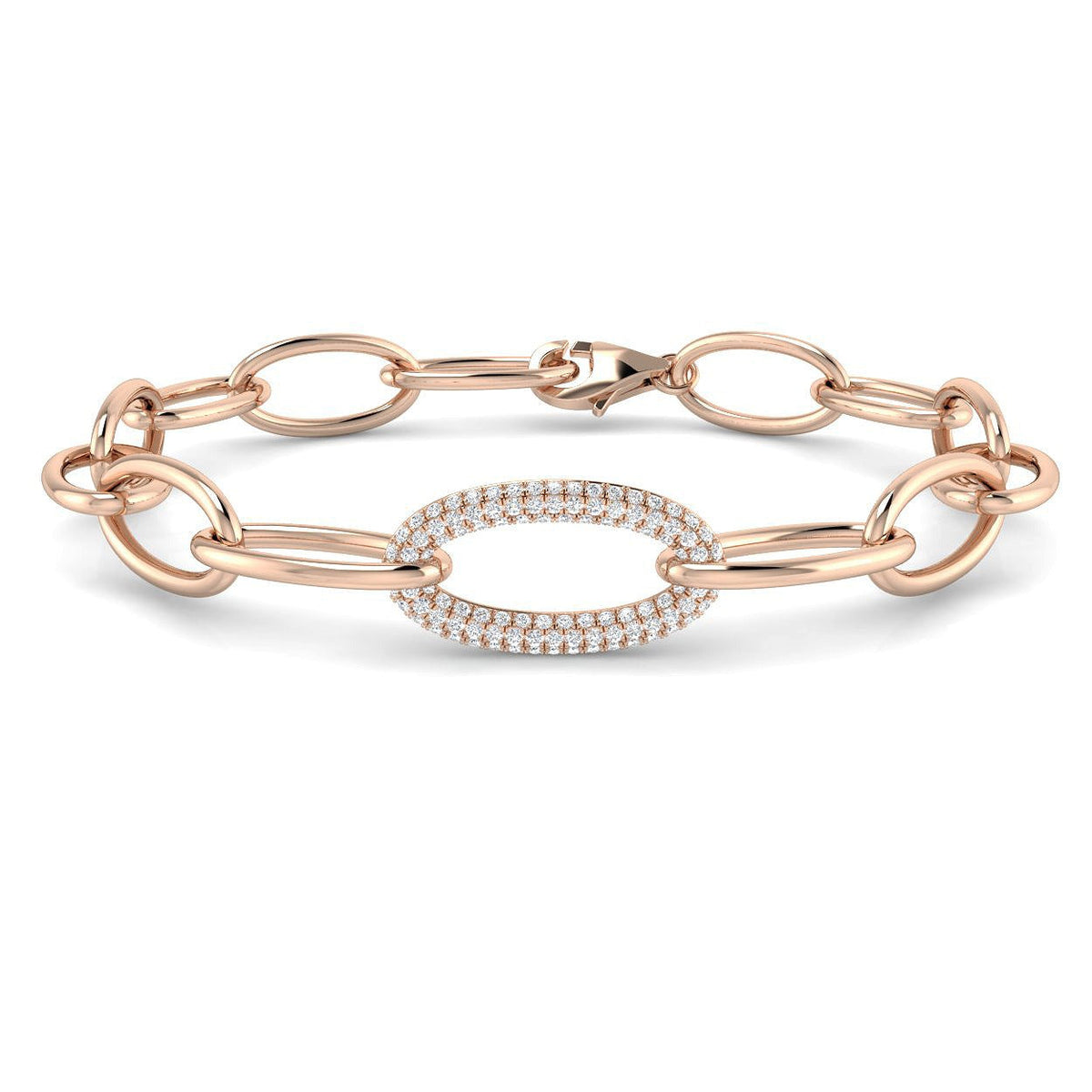 /Solid Gold Lab Grown Round Pave Diamond Oval Link Chain Bracelet with Lobster Clasp in 10K/14K gold and platinum with certified lab-grown or natural diamonds