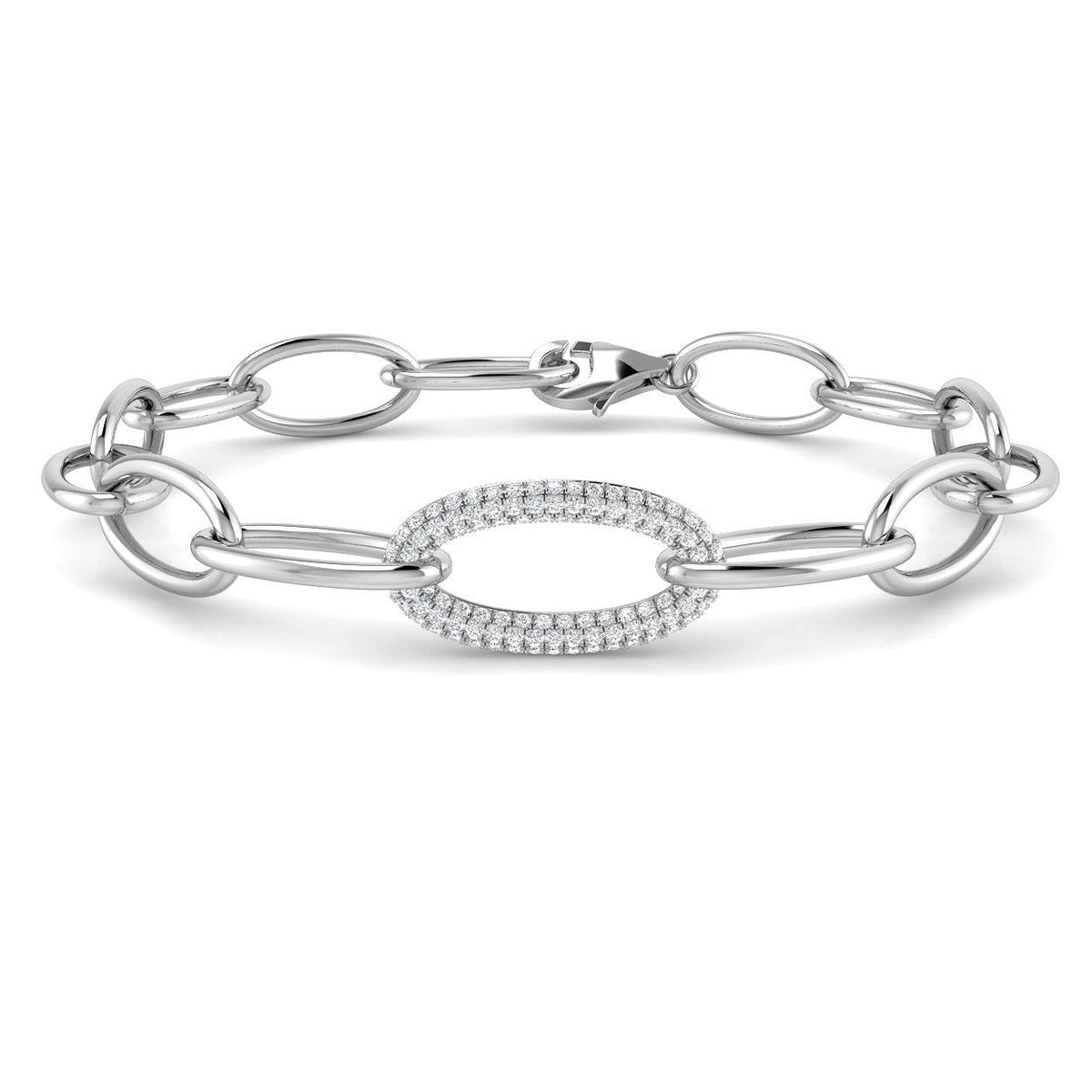 /Solid Gold Lab Grown Round Pave Diamond Oval Link Chain Bracelet with Lobster Clasp in 10K/14K gold and platinum with certified lab-grown or natural diamonds
