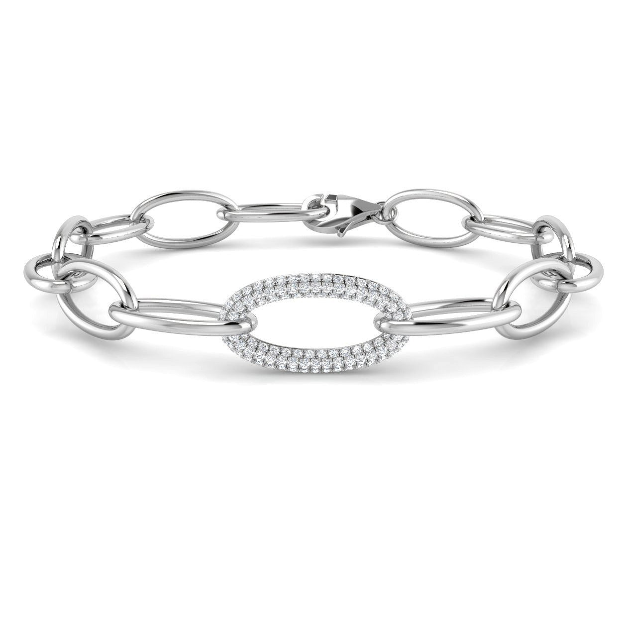 /Solid Gold Lab Grown Round Pave Diamond Oval Link Chain Bracelet with Lobster Clasp in 10K/14K gold and platinum with certified lab-grown or natural diamonds