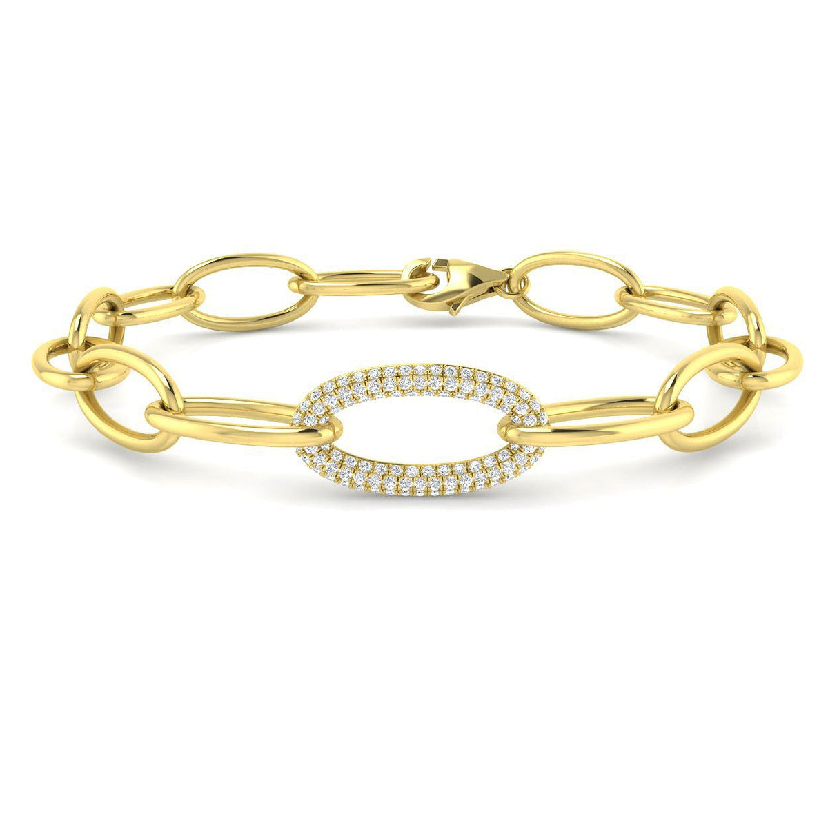 /Solid Gold Lab Grown Round Pave Diamond Oval Link Chain Bracelet with Lobster Clasp in 10K/14K gold and platinum with certified lab-grown or natural diamonds