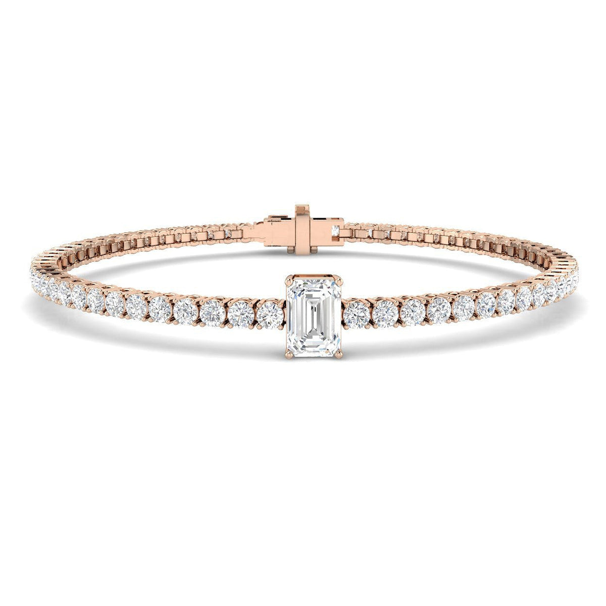 Platinum Emerald Cut Lab Grown Diamond Tennis Bracelet with Round Prong Set Diamonds in 10K/14K gold and platinum with certified lab-grown or natural diamonds