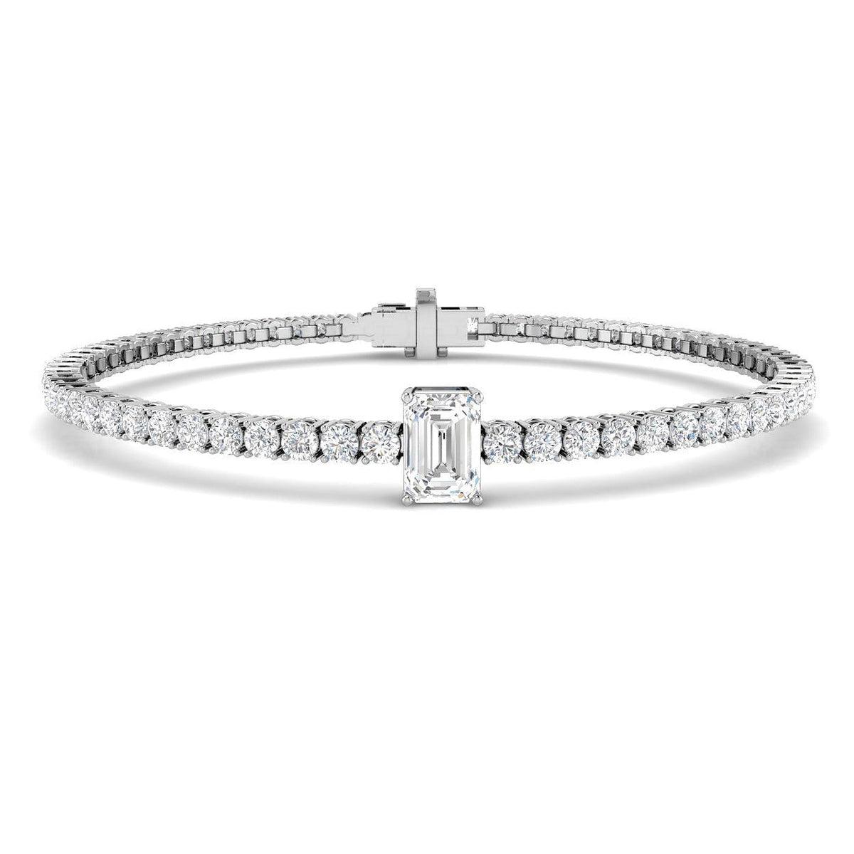 Platinum Emerald Cut Lab Grown Diamond Tennis Bracelet with Round Prong Set Diamonds in 10K/14K gold and platinum with certified lab-grown or natural diamonds