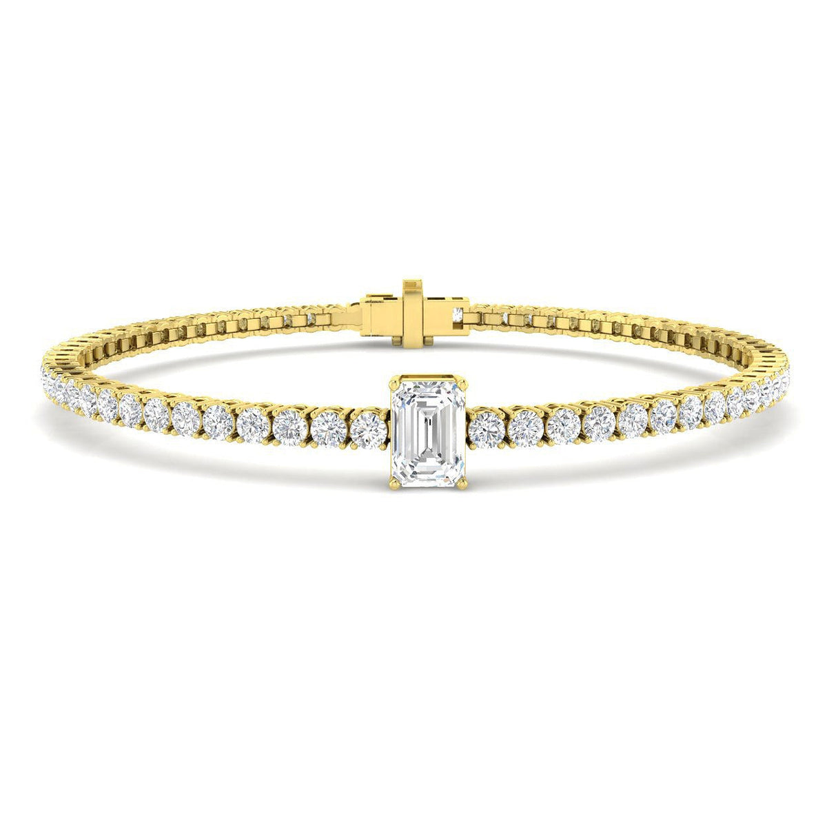 Platinum Emerald Cut Lab Grown Diamond Tennis Bracelet with Round Prong Set Diamonds in 10K/14K gold and platinum with certified lab-grown or natural diamonds