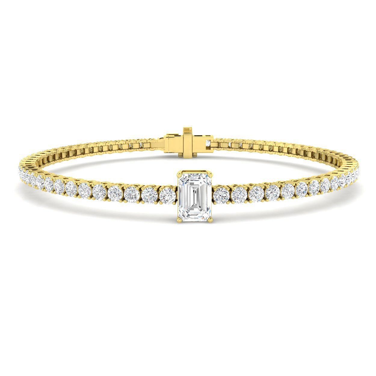 Platinum Emerald Cut Lab Grown Diamond Tennis Bracelet with Round Prong Set Diamonds in 10K/14K gold and platinum with certified lab-grown or natural diamonds