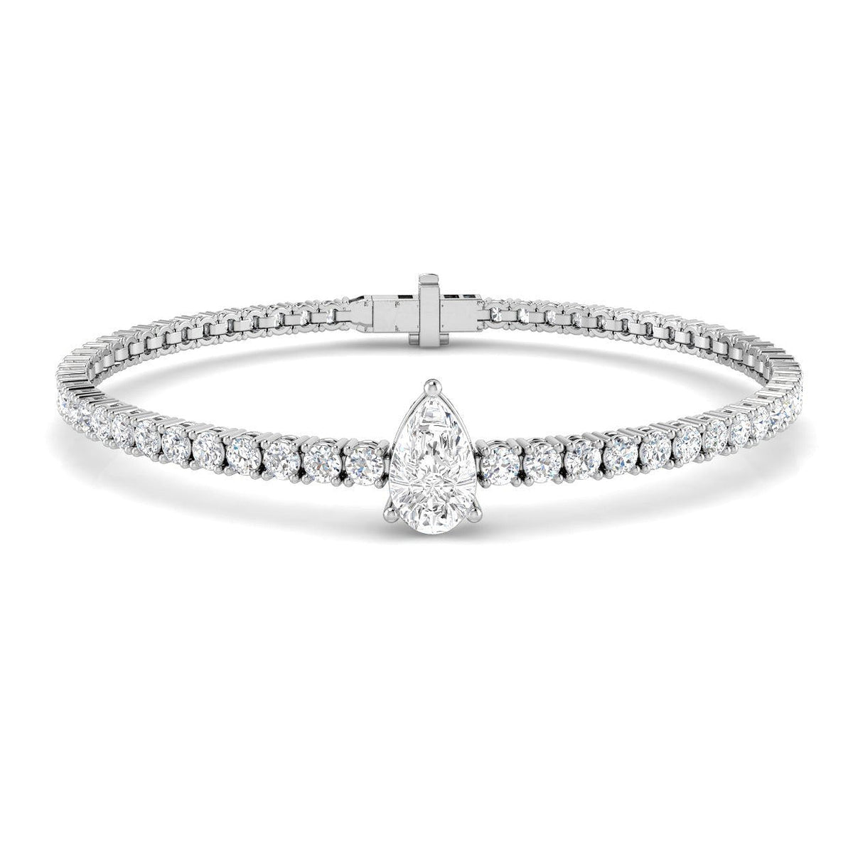 Pear Cut Lab Grown Diamond Tennis Bracelet with Round Prong Set Diamonds in 10K/14K gold and platinum with certified lab-grown or natural diamonds
