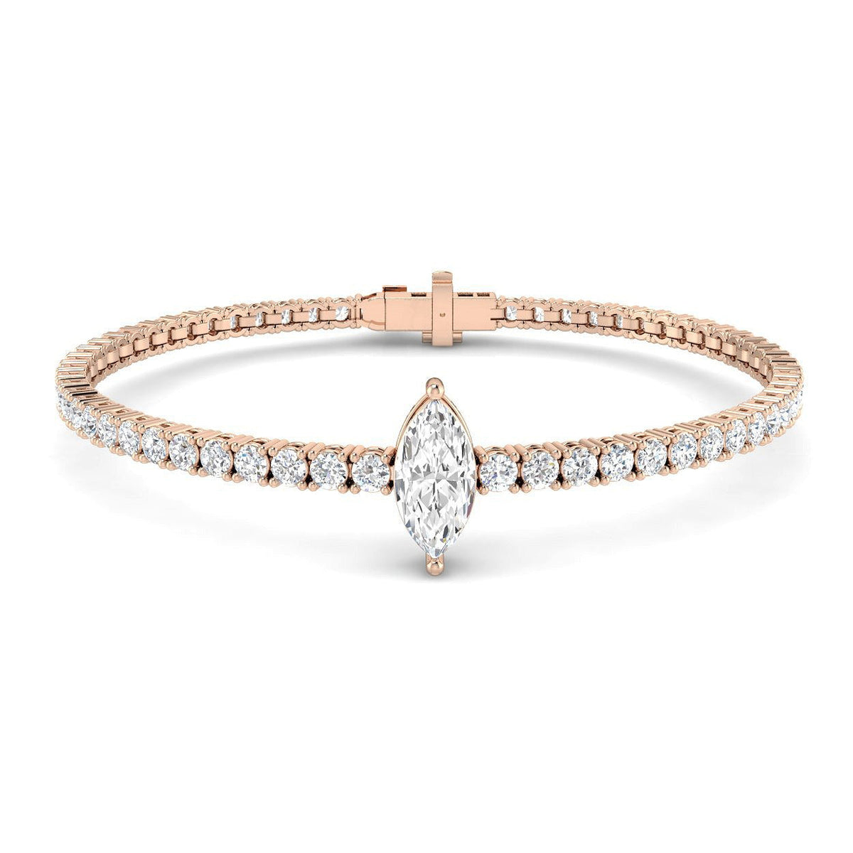 Lab Grown Marquise Solitaire Tennis Bracelet with Round Prong Set Diamonds and Box Clasp in 10K/14K gold and platinum with certified lab-grown or natural diamonds