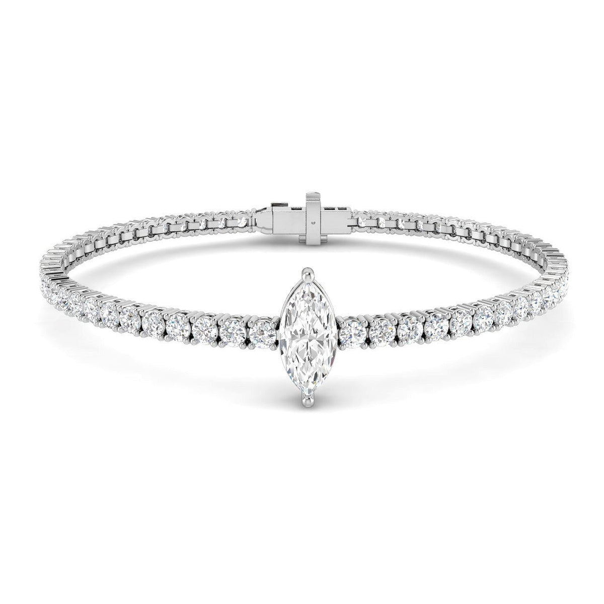 Lab Grown Marquise Solitaire Tennis Bracelet with Round Prong Set Diamonds and Box Clasp in 10K/14K gold and platinum with certified lab-grown or natural diamonds