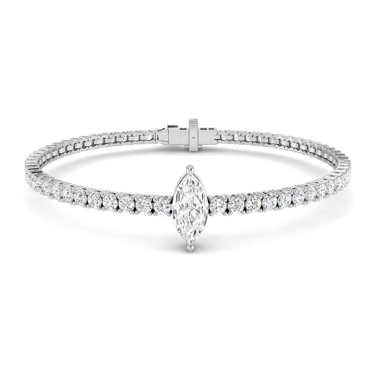 Lab Grown Marquise Solitaire Tennis Bracelet with Round Prong Set Diamonds and Box Clasp in 10K/14K gold and platinum with certified lab-grown or natural diamonds