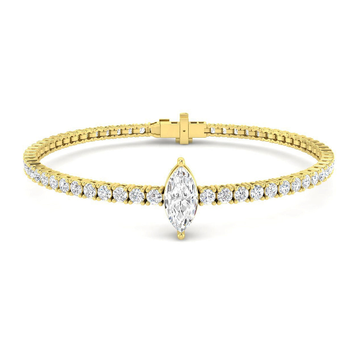 Lab Grown Marquise Solitaire Tennis Bracelet with Round Prong Set Diamonds and Box Clasp in 10K/14K gold and platinum with certified lab-grown or natural diamonds