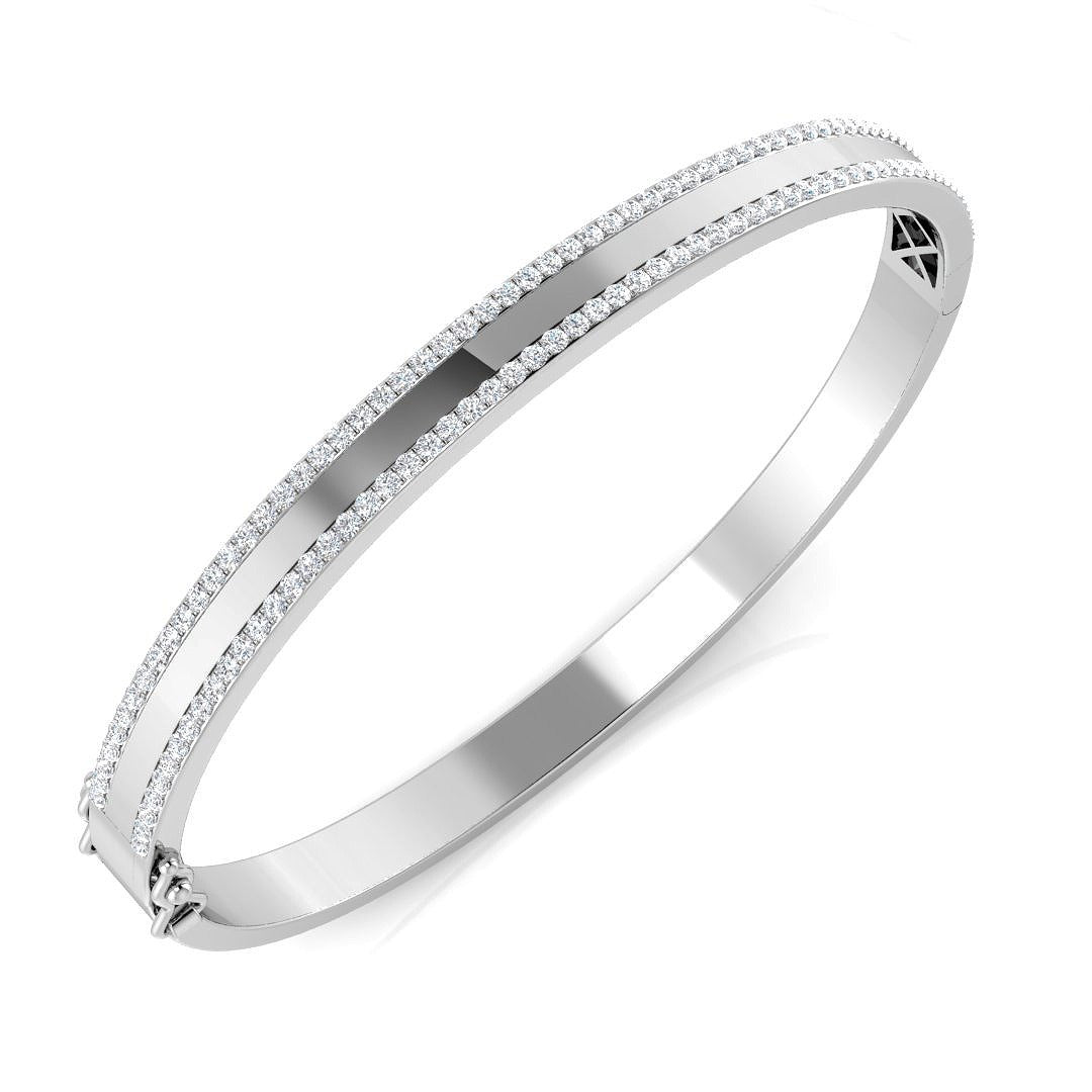 Platinum Natural Round Cut Diamond Two Row Pave Set Half Eternity Bangle with Hinged Lock in 10K/14K gold and platinum with certified lab-grown or natural diamonds