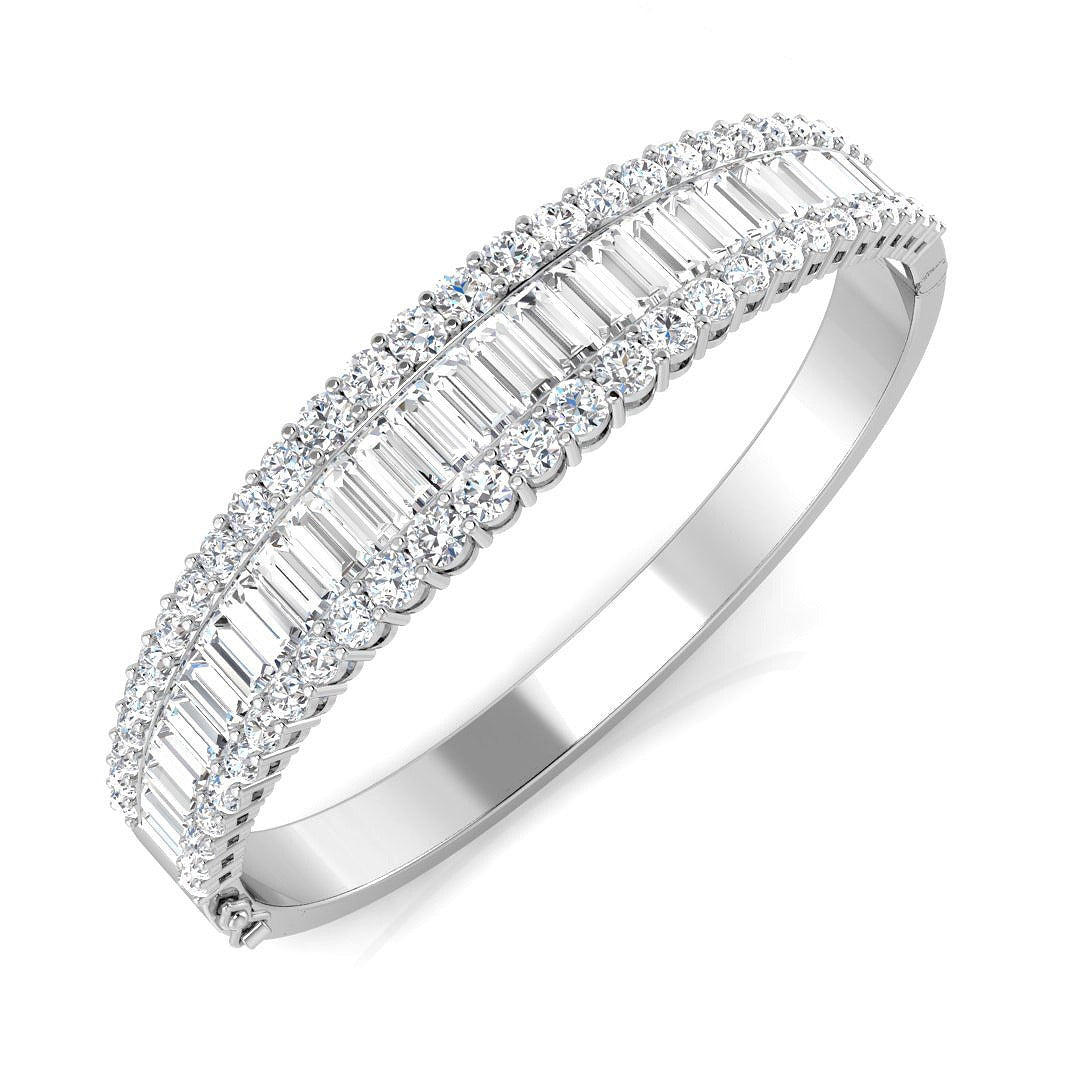 Natural Baguette and Round Cut Diamond Half Channel Pave Set Bangle in 10K/14K gold and platinum with certified lab-grown or natural diamonds