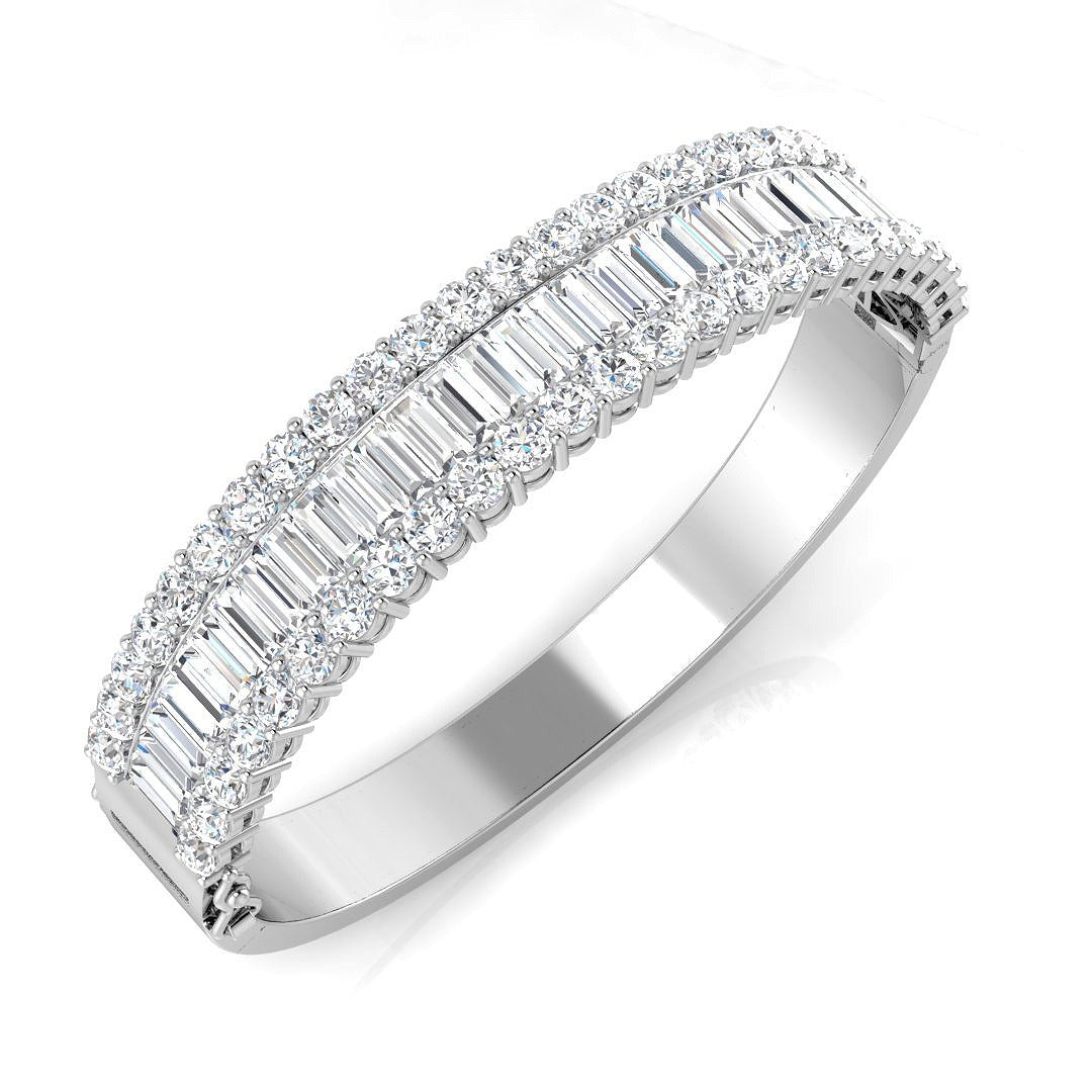Platinum Lab Grown Diamond Bangle with Baguette and Round Cut Channel Pave Setting in 10K/14K gold and platinum with certified lab-grown or natural diamonds