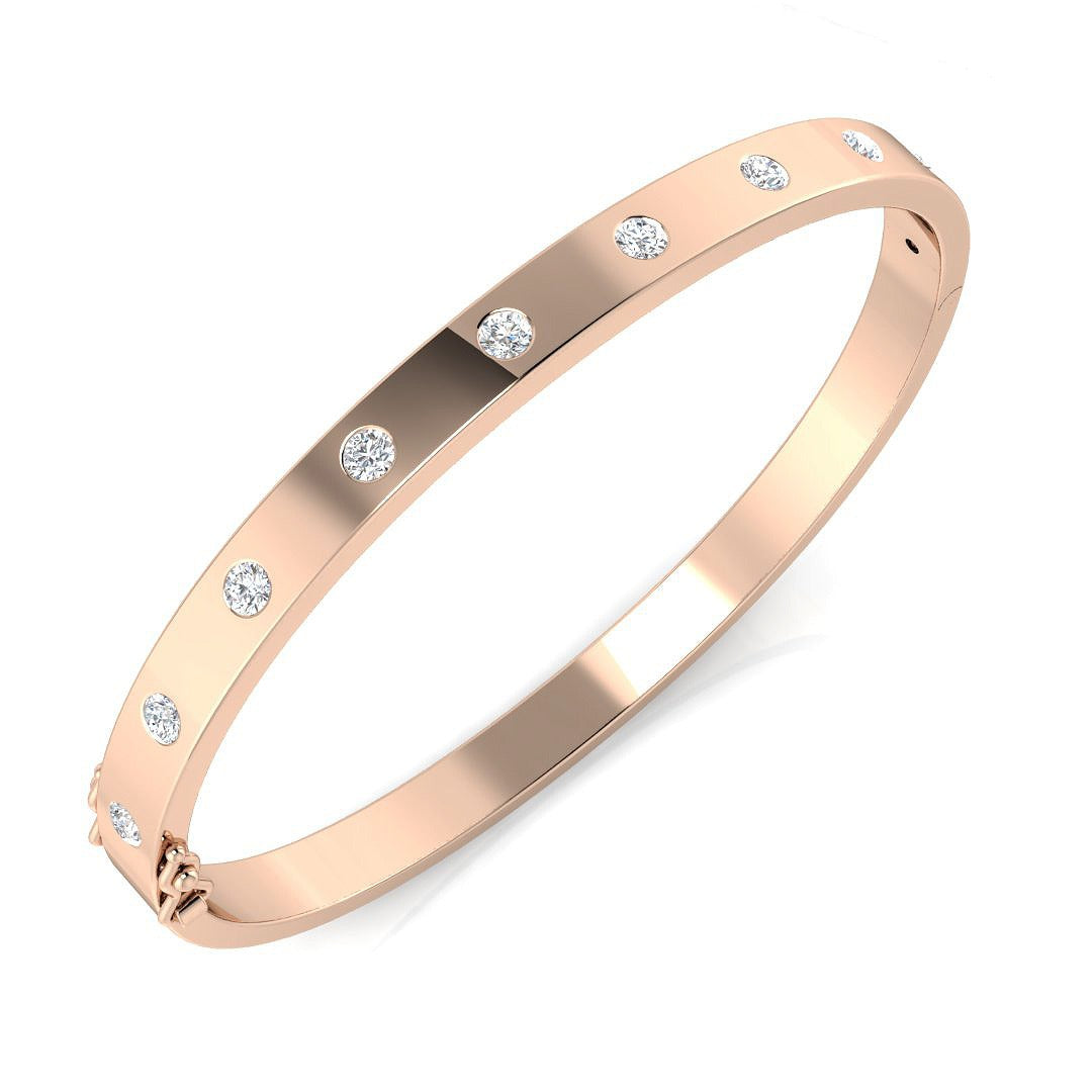 Round Cut Lab Diamond Flush Set Fancy Bangle with Hinged Box Lock in 10K/14K gold and platinum with certified lab-grown or natural diamonds