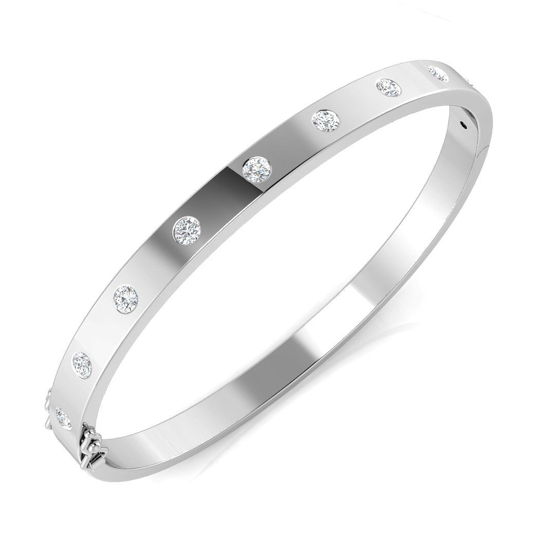 Round Cut Lab Diamond Flush Set Fancy Bangle with Hinged Box Lock in 10K/14K gold and platinum with certified lab-grown or natural diamonds
