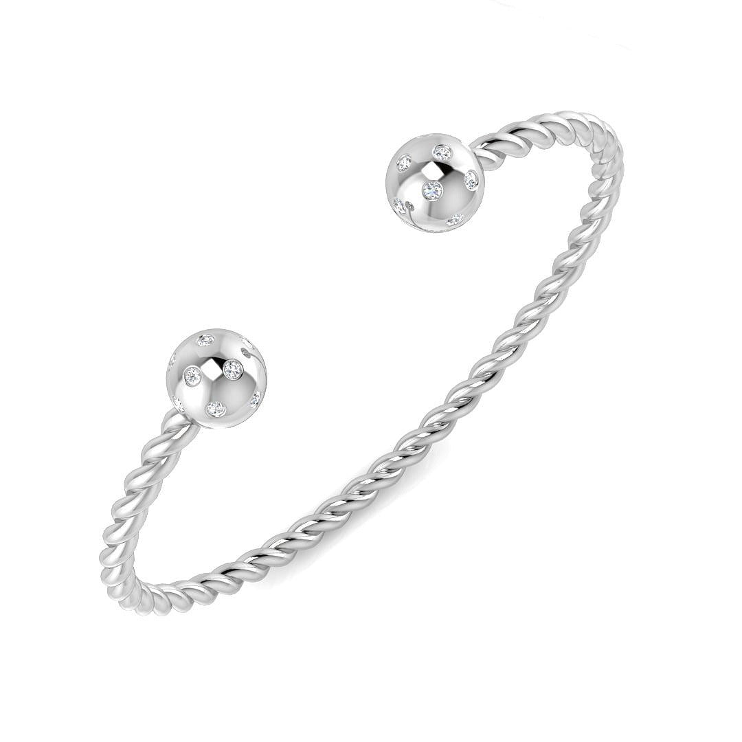 Lab Grown Diamond Twisted Rope Open Cuff Bangle with Diamond Ball Ends in 10K/14K gold and platinum with certified lab-grown or natural diamonds