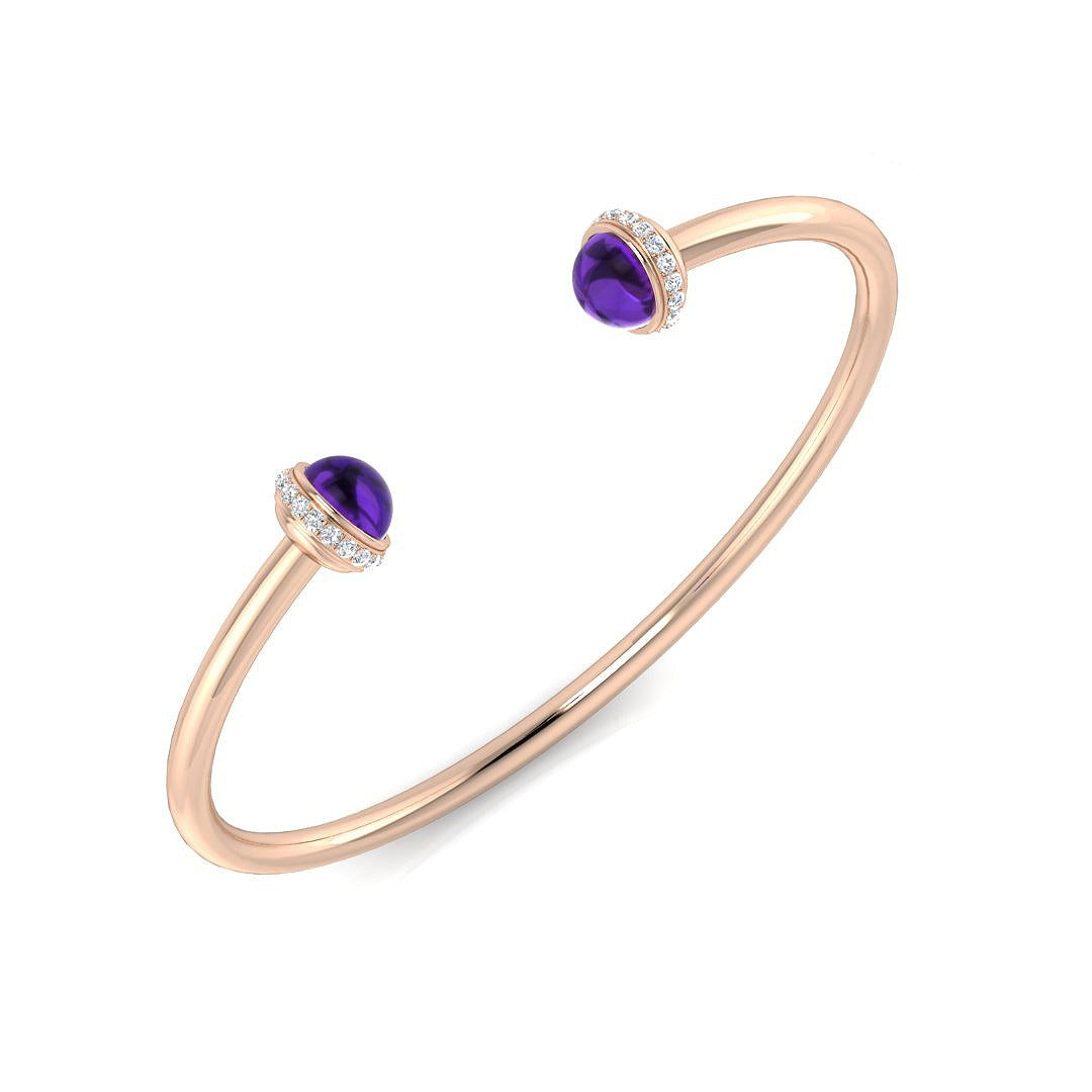 Amethyst Open Cuff Bangle with Round Cut Lab Grown Halo Diamonds in 10K/14K gold and platinum with certified lab-grown or natural diamonds