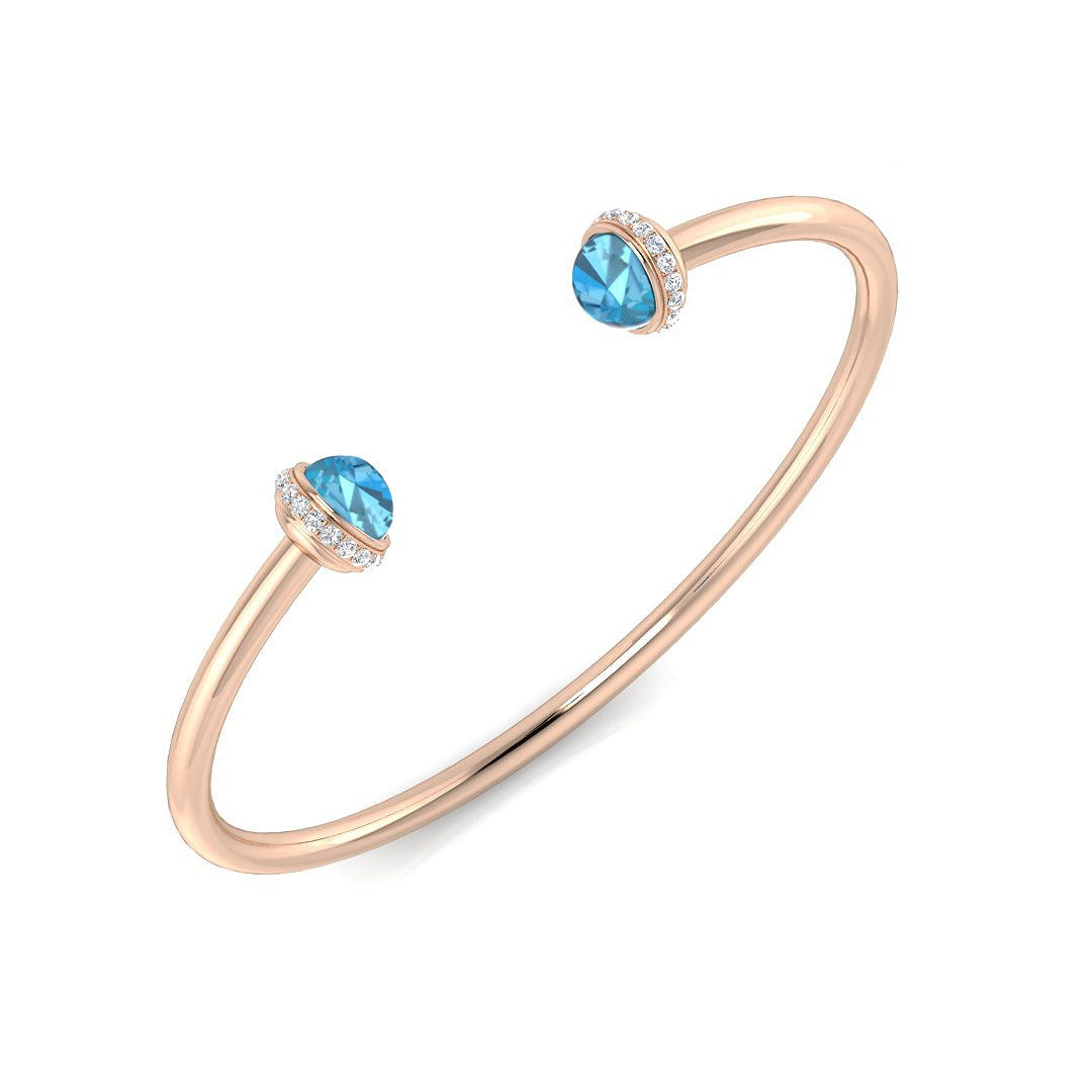 Blue Topaz Open Cuff Bangle with Natural Diamond Halo Ends in 10K/14K gold and platinum with certified lab-grown or natural diamonds
