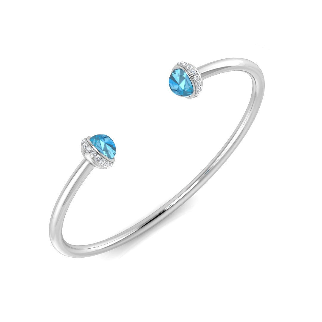 Blue Topaz Open Cuff Bangle with Natural Diamond Halo Ends in 10K/14K gold and platinum with certified lab-grown or natural diamonds