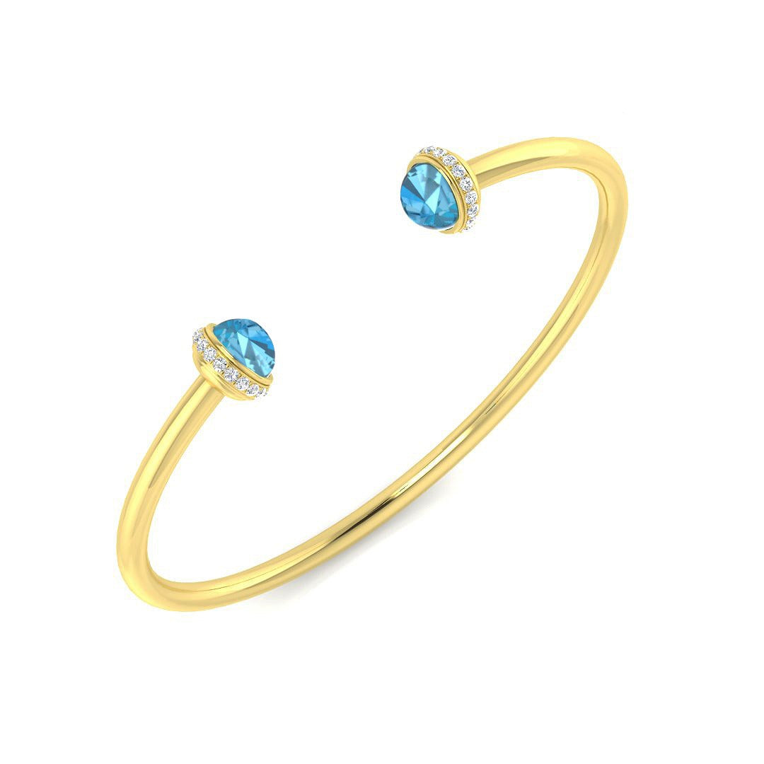 Blue Topaz Open Cuff Bangle with Natural Diamond Halo Ends in 10K/14K gold and platinum with certified lab-grown or natural diamonds