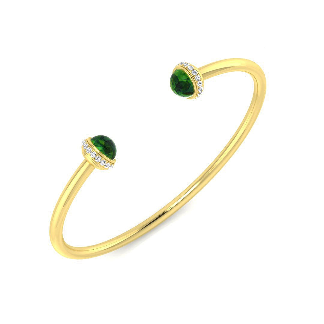 Cabochon Emerald Open Cuff Bangle with Natural Round Halo Diamonds in 10K/14K gold and platinum with certified lab-grown or natural diamonds