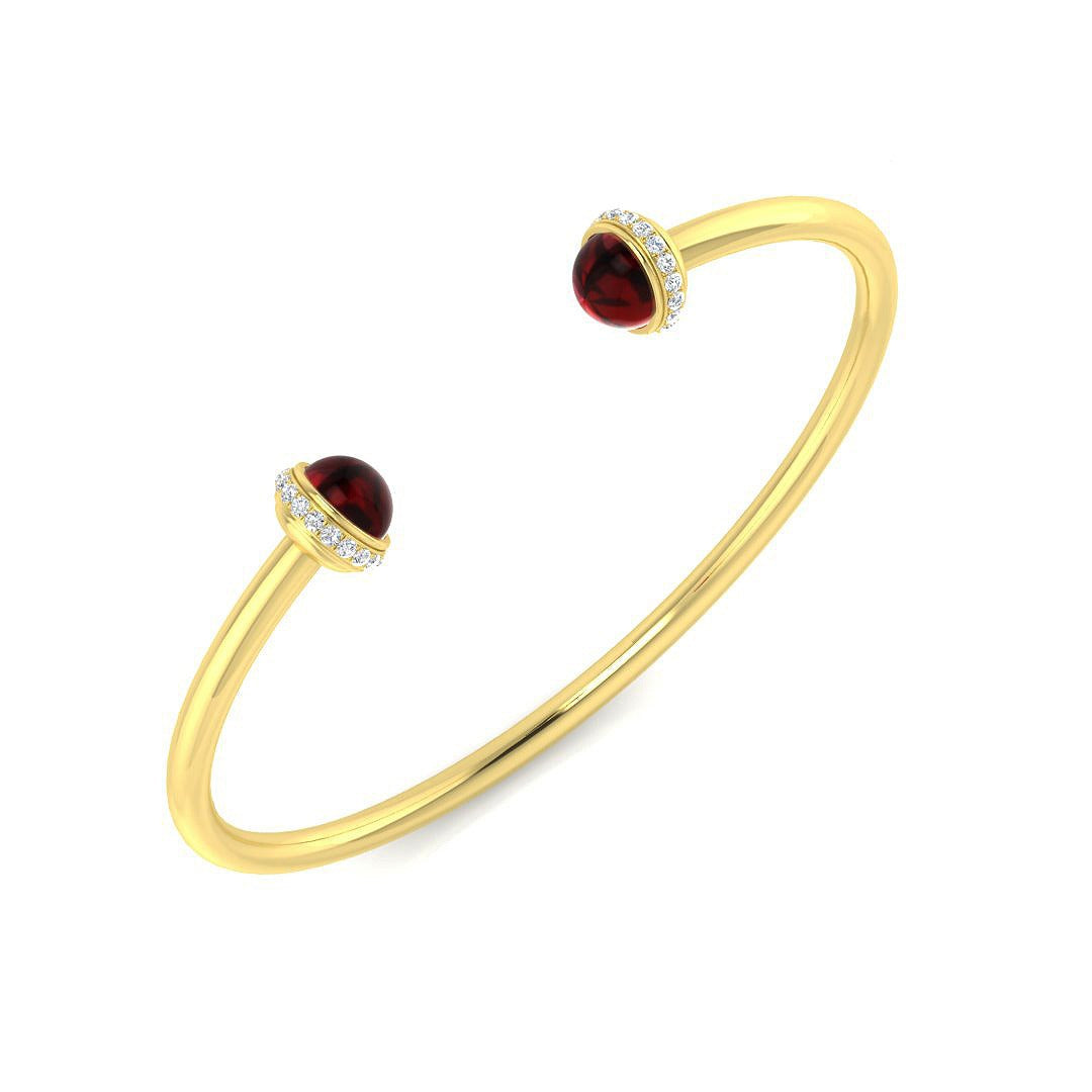 Cabochon Red Open Cuff Bangle with Natural Round Halo Diamonds 1234 - Test in 10K/14K gold and platinum with certified lab-grown or natural diamonds