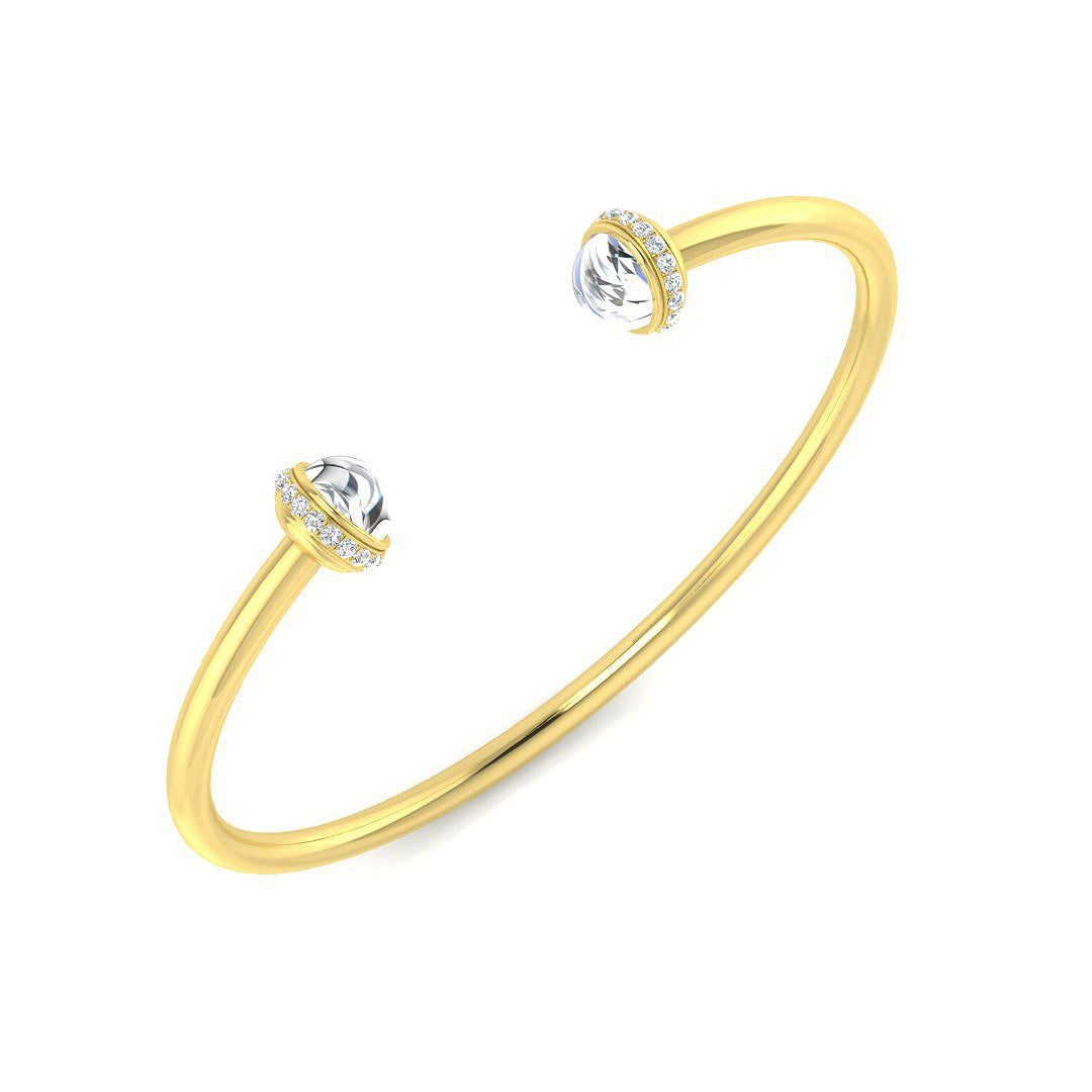 Cabochon White Topaz Open Cuff Bangle with Natural Round Halo Diamonds in 10K/14K gold and platinum with certified lab-grown or natural diamonds